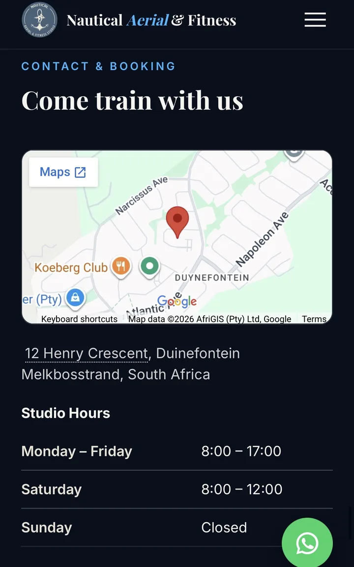 Contact and booking section with a Google map of the Melkbosstrand studio and studio hours