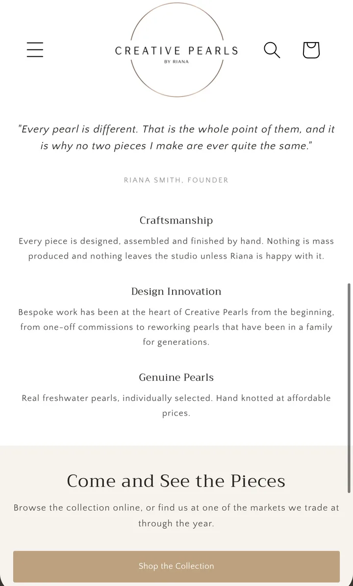 Creative Pearls story section with a quote from founder Riana Smith and sections on craftsmanship, design and genuine pearls